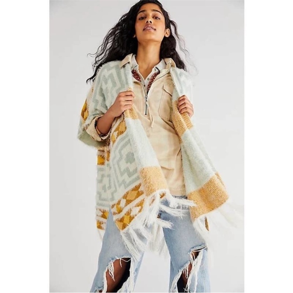 Free People Geometric Patterned Shaw- Mustard and Teal - Picture 2 of 6